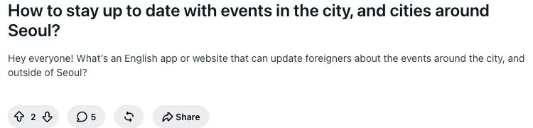 서울과 주변 도시 행사를 알려주는 영어 앱이나 웹사이트를 묻는 실제 Reddit 게시물
