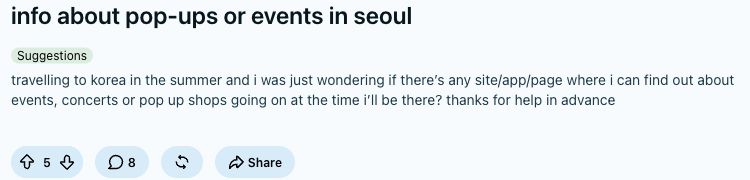 방문 기간의 행사, 콘서트, 팝업을 찾을 사이트를 묻는 Reddit 게시물